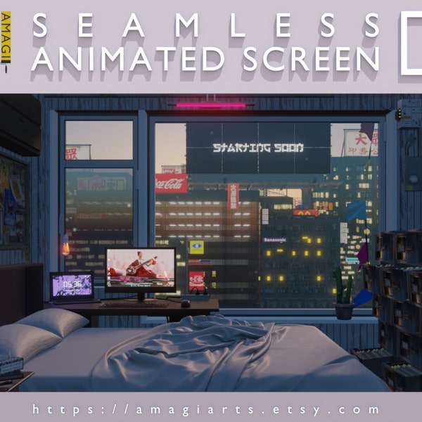 Cozy Animated Twitch Overlay Package: Modern Loft & City Backdrop - Custom Stream Starting Soon Screen, Vtuber Backgrounds Included | Twitch