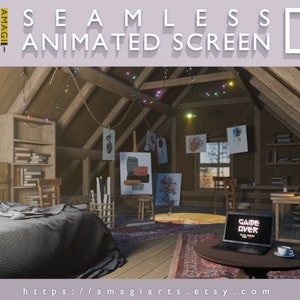May include: A digital illustration of an attic bedroom featuring a bed, a bookshelf, an easel with a painting, and a laptop on a round table displaying the text GAME OVER. The room has wooden beams, string lights, and various art supplies.