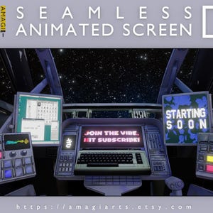 Pode incluir: Uma ilustração digital do interior de uma nave espacial com um fundo de céu noturno estrelado. A nave espacial tem um painel de controle com um teclado, uma tela que diz "JOIN THE VIBE. HIT SUBSCRIBE!" e outra tela que diz "STARTING SOON".