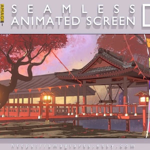 May include: An animated seamless loop of a Japanese garden scene with a red bridge, a traditional building with a pagoda roof, and a large tree with red leaves. The scene is set at dusk with a pink and orange sky. There are lanterns and flags hanging from the bridge and building.