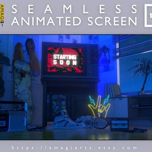 May include: A digital illustration of a room with a retro TV displaying "STARTING SOON". The room features a skateboard, sneakers, a neon hand sign, and a cassette player. The scene is bathed in blue light, creating a retro aesthetic.