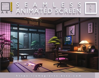 Cozy Japanese Room Animated Overlay: Rainy Night Vtuber Background (MP4)