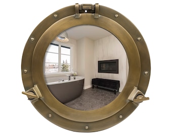 Brass Finish Wall Mounted Premium Vintage Ship's Porthole Mirror | Nautical Brass Porthole Window | Nautical Wall Décor -Available in 8 size