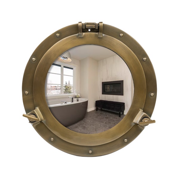 Acabado de latón montado en la pared Premium Vintage Ship's Porthole Mirror / Ventana de ojo de buey de latón náutico / Decoración de pared náutica -Disponible en 8 tamaños