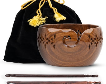 Wooden yarn Bowls for Crocheting, Knitting - Yarn Storage Holder wood - Comes with 5, 6mm Crochet hooks and Velvet Bag