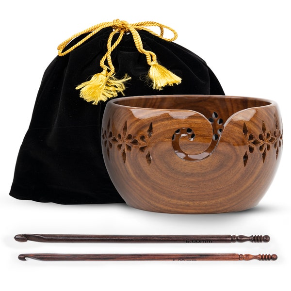 Wooden yarn Bowls for Crocheting, Knitting - Yarn Storage Holder wood - Comes with 5, 6mm Crochet hooks and Velvet Bag