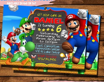 Super Mario verjaardagsuitnodiging, Super Mario uitnodiging, Digital-Print Yourself Super Mario uitnodigen, Super Mario verjaardagsfeest uitnodigen