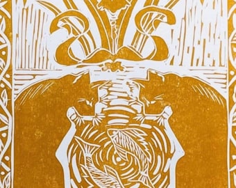 Yellow Ochre Lino Print: Cats by the Pond, A4 Original Art