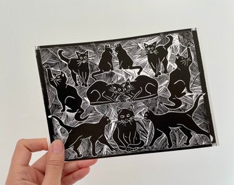 Black cats linocut, art deco print, black cat art, lino print, cat lover art, cat lover gift, pet parent, black & white art, monochrome A5