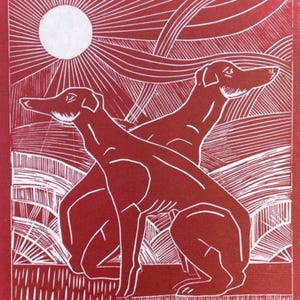 Greyhounds Art Deco Linocut Print: Ruby & Wine Signed Lino Print