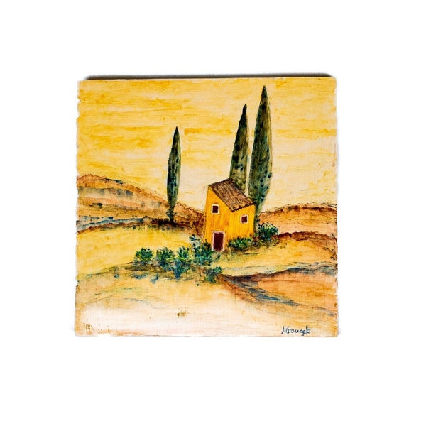 Aquarelle originale "Le cabanon provençal" réalisée sur bois avec une finition comme un émail ,techniques picturales anciennes.