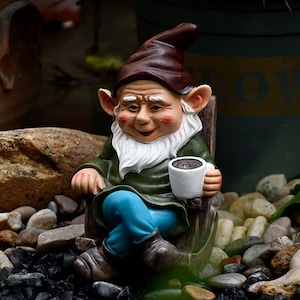 Garden Gnome Statue Outdoor Funny Rocking Chair Drinking Coffee Figurine