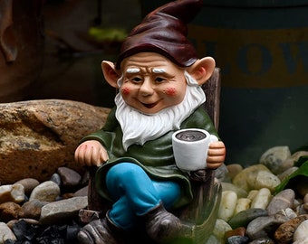 Garden Gnome Statue Outdoor Funny Rocking Chair Drinking Coffee Figurine
