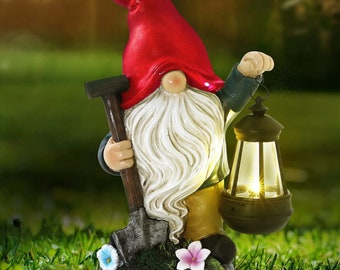 Garden Gnome Statue with Solar Lights, Large Garden Statue and Sculpture with Lantern, Funny Resin Gnome Garden Figurines for Outdoor