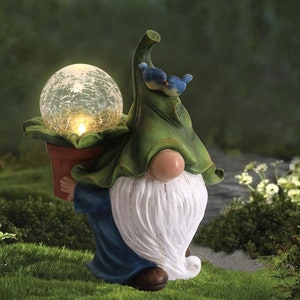 Garden Gnome Statue - 10.7'' Resin Gnome Figurine Carrying Magic Orb with Solar LED Lights