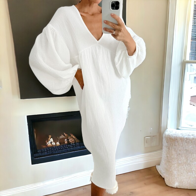 Chic 100 Cotton Gauze Maxi Dress for Women Sexy Vneck Long Sleeve Elegant White Robe Summer