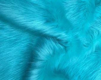 Turquoise Blue Fox Faux Fur Fabric, Long Pile Fun Fur for Fursuit Costumes Cosplay Dolls Hair Plush Toys Headband Slide Slippers Fur Bag Hat
