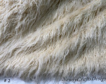 Beige Mongolian Faux Fur Long Hair Pile Fabric, Fake Fur for Blankets Clothing Jacket Pillow Cushion, Curly Tibet Lamb Doll Hair Craft Furs