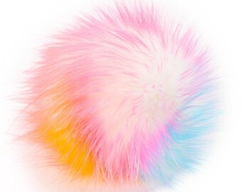 Rainbow Faux Fur Pom Poms,Snap Button Fluffy Fur Ball,Handmade Detachable Faux Fur Pompoms for DIY Craft Supplies Hat Crochet Beanies, 6pcs