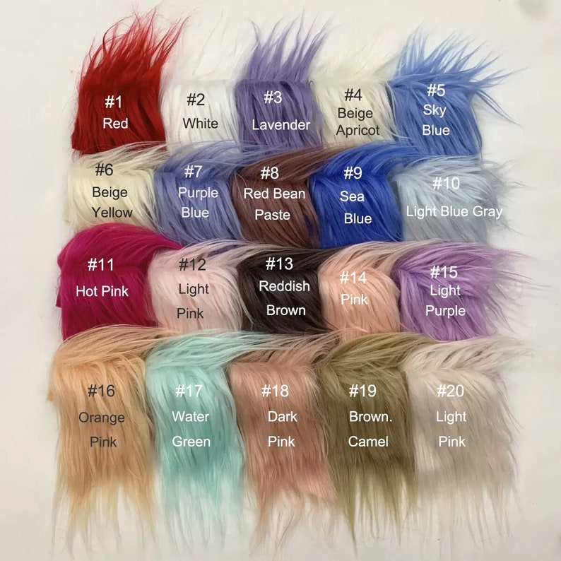 May include: Twenty samples of faux fur in various colors, including red, white, lavender, beige, sky blue, beige yellow, purple blue, red bean paste, sea blue, light blue gray, hot pink, light pink, reddish brown, pink, light purple, orange pink, water green, dark pink, brown camel, and light pink. Each sample is labeled with a number from 1 to 20.