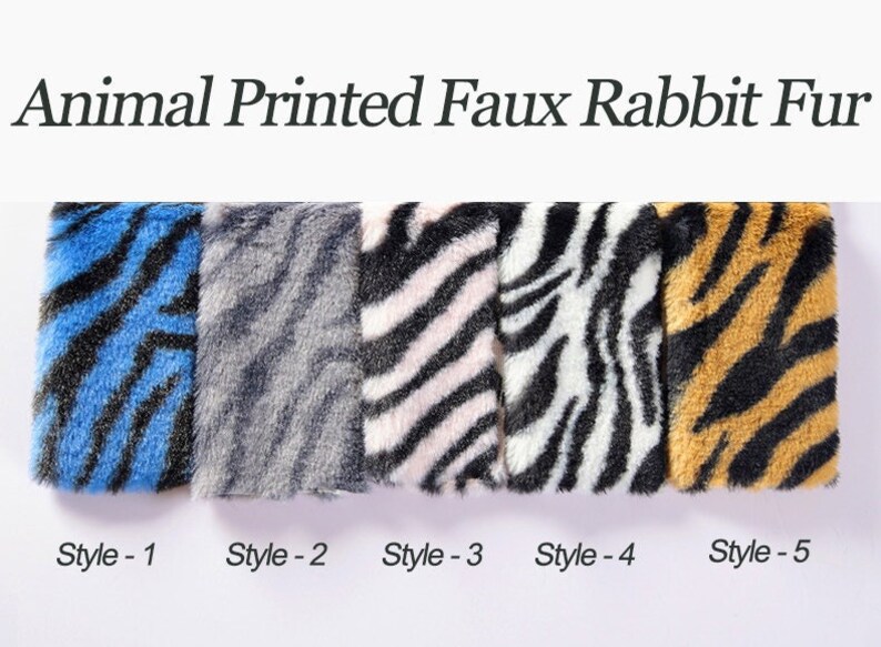 May include: Five swatches of faux rabbit fur fabric with different animal prints. The swatches are arranged from left to right: blue and black zebra print, gray and black zebra print, pink and black zebra print, black and white zebra print, and orange and black tiger print.