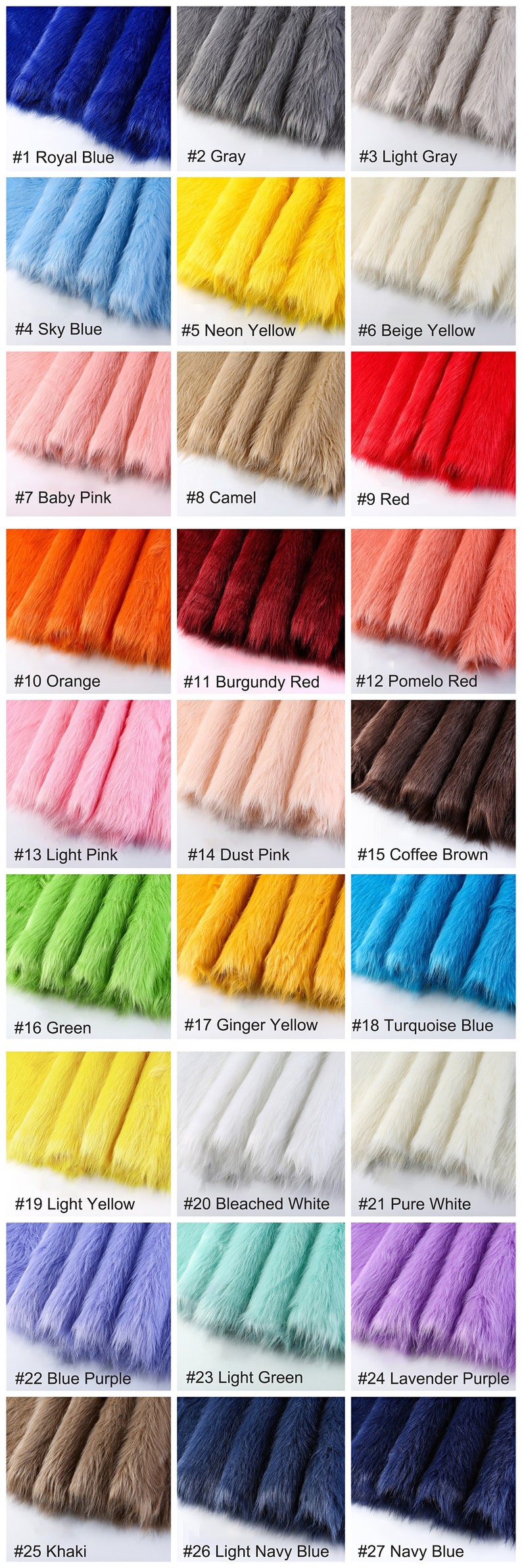 May include: A collection of 27 faux fur fabric swatches in various colors, including royal blue, gray, light gray, sky blue, neon yellow, beige yellow, baby pink, camel, red, orange, burgundy red, pomelo red, light pink, dust pink, coffee brown, green, ginger yellow, turquoise blue, light yellow, bleached white, pure white, blue purple, light green, lavender purple, khaki, light navy blue, and navy blue.