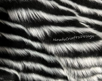 Black White Fox Fur,Stripe Furry Faux Fur Fabric,Long Pile Fur for Craft Clothing Accessories Boots Blanket Scarf Rug Costume Coats Bag Prop