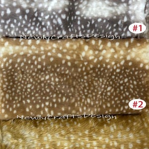 May include: Close-up of three faux fur fabrics with a spotted pattern. The top fabric is gray and white, the middle is brown and white, and the bottom is tan and white. The text "NewlyCraftsDesign" is visible.