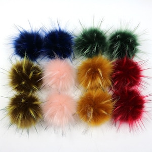 6pcs Raccoon Faux Fur Pom Pom,Handmade Fluffy Fur Ball with Snap Button,Detachable Faux Fur Pompoms for DIY Craft Supply,Hat,Crochet Beanies