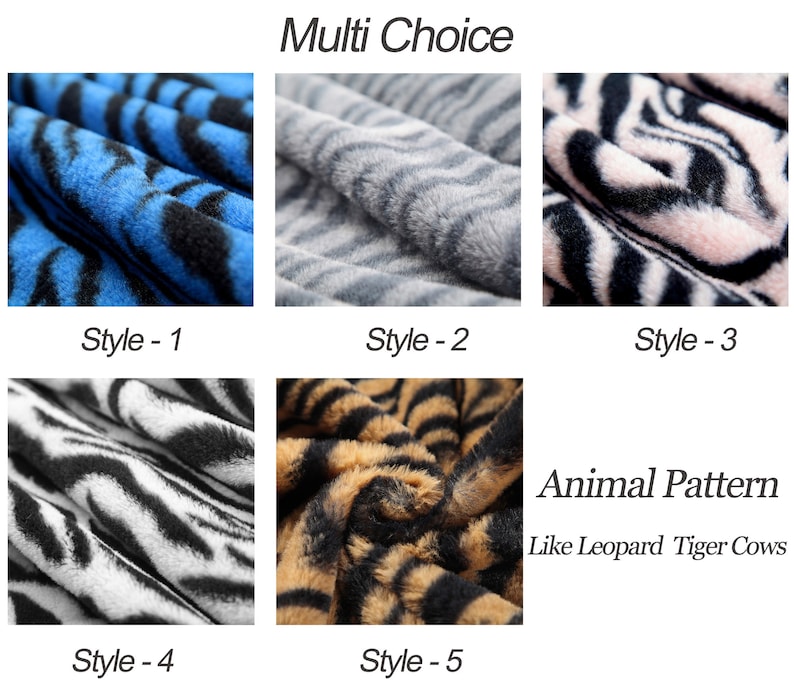 May include: Five fabric swatches with different animal print patterns. The swatches are labeled "Style - 1" through "Style - 5". The text "Animal Pattern" and "Like Leopard Tiger Cows" is below the swatches.