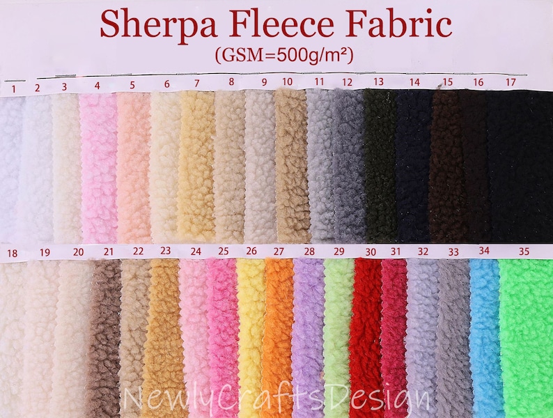 May include: A color chart of 35 different sherpa fleece fabric swatches. The swatches are numbered 1 through 35. The fabric is 500 grams per square meter (GSM).