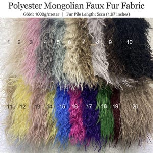 May include: A display of twenty swatches of Polyester Mongolian Faux Fur Fabric in various colours. The fur pile length is 5cm. Colours include pink, grey, black, blue, and green. The fabric is labeled with numbers 1 to 20.