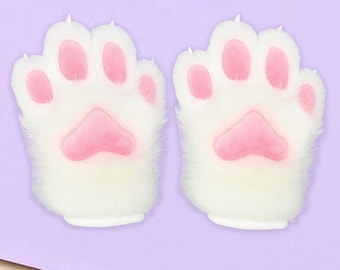 Squeaky Fursuit Paws Gloves, Cute Pink White Fluffy Paw Glove, Furry Paw Gloves with Claws for Fursuit Partials Cosplay Costumes Accessories