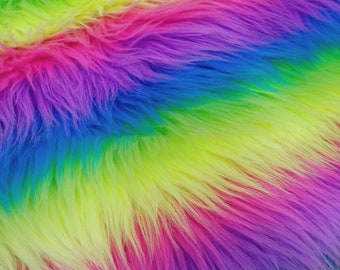 Rainbow Stripe Faux Fur,Colorful Wavy Fake Fur,Long Pile Fur for Fursuit Sewing Supplies,DIY Crafts,Costumes,Rug,Pillows,Pompoms,Photo Props