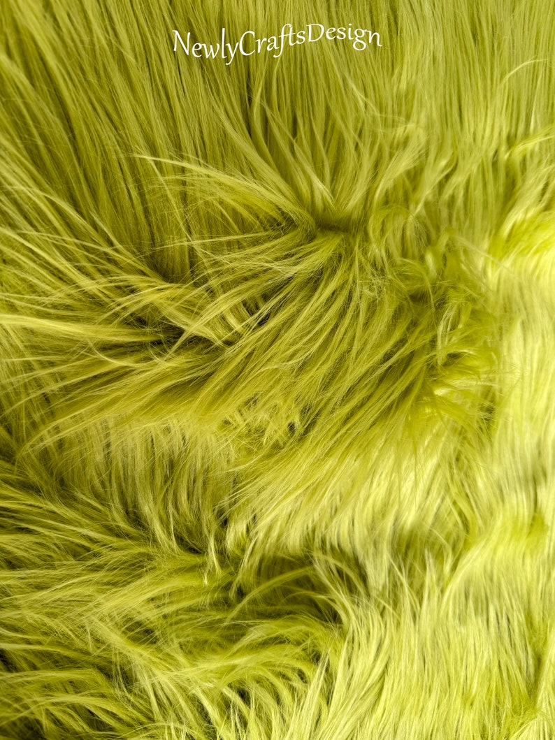 Grass Green Shaggy Fur Fabric, Solid Faux Fur Fabric, Luxury Long Pile