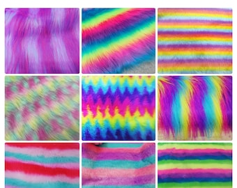 Neon Rainbow Stripe Faux Fur Fabric,Pastel Rainbow Shaggy Fur Fabric,Multiple Colors Synthetic Fur for Coat Costumes Scarf Rug Props Fursuit