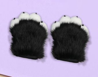 Squeaky Fursuit Paws Gloves, Black White Fluffy Paw Glove, Furry Wolf Paws Dog Fursuit Gloves with Fingernail,Fursuit Accessories Furry Gift