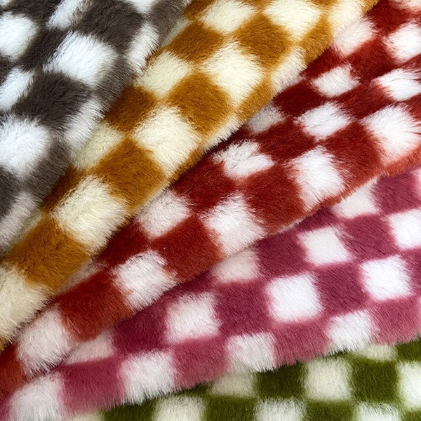 Tissu en fausse fourrure en damier, fausse fourrure de lapin à carreaux colorés pour vêtements, costumes, écharpe, toboggan, sac en fourrure, tapis pour jouets, bricolage