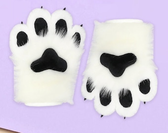 Fluffy Paw Glove,Black White Fursuit Paws with Fingernail,Handmade Soft Hand Paws,4-Finger Gloves Costume for Cosplay Event Furry Convention