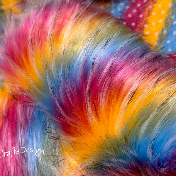 Rainbow Jacquard Long Pile Furry Faux Raccoon Fur, Wolf Faux Fur Fabric, High Density Fluffy Fur for Pompoms Apparel Costume Crafting Fabric