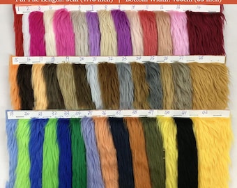 May include: A display of faux shaggy fur fabric in various colors, including red, pink, purple, and yellow. The fur pile length is 1.18 inches, and the bottom width is 63 inches. The image shows numbered swatches of the fabric, ideal for craft projects.