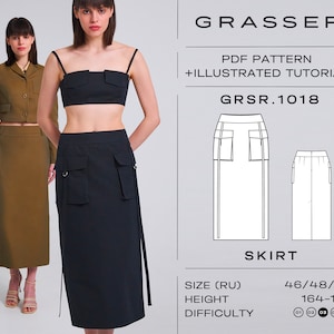 May include: A black skirt with two large pockets and a long tie on each side. The skirt is shown on a model and is part of a sewing pattern. The pattern is called "GRSR.1018" and is for sizes 46, 48, and 50. The pattern is for a height of 164-170 cm. The difficulty level is rated 01-05.