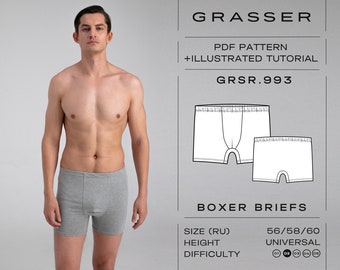 Patrón de costura en PDF para calzoncillos tipo bóxer para hombre / Tallas 56 / 58 / 60 (RU) / Modelo n.º 993
