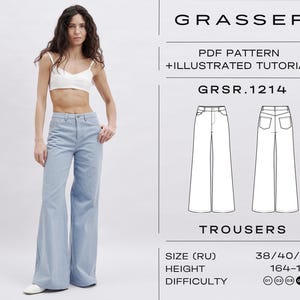 Op de afbeelding: Een PDF-naai-patroon voor een wijde broek, genaamd "GRSR.1214 Trousers". Het patroon bevat een geïllustreerde tutorial. De maatrange is 38/40/42, de hoogte range is 164-170 cm en de moeilijkheidsgraad is beoordeeld met 01-05.