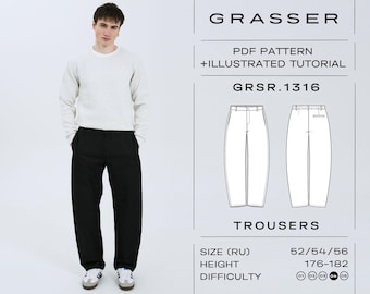 Barrel Leg Jeans Sewing Pattern PDF | Men's Baggy Trousers | Sizes 52 / 54 / 56 (RU) | Grasser Pattern No. 1316