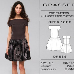 Off shoulder dress pdf sewing pattern for women | sizes 50 / 52 / 54 (RU) | model No. 1086