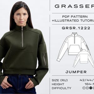 May include: An olive green jumper with a high collar and a silver zipper. The jumper has a front pocket and a zippered pocket on the sleeve. The image also includes a diagram of the jumper and the text "GRASSER PDF PATTERN + ILLUSTRATED TUTORIAL GRSR.1222 JUMPER".