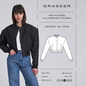 May include: A black bomber jacket with a snap-button front, ribbed cuffs, and a collarless neckline. Beside the jacket is a technical line drawing labelled GRASSER PDF PATTERN + ILLUSTRATED TUTORIAL JACKET No.1023, showing size 38/40/42 and height 164-170.