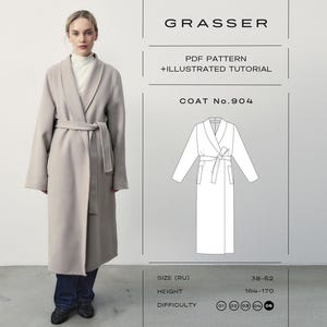 May include: A beige wrap coat with a shawl collar and tie belt, shown alongside a technical line drawing labeled GRASSER PDF PATTERN + ILLUSTRATED TUTORIAL COAT No.904, with size range 38-52 and height 164-170 listed at the bottom.