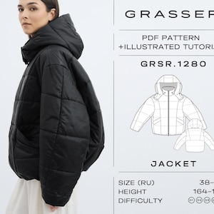 May include: Black quilted jacket with a hood, worn by a person. The image includes a diagram of the jacket and text that reads "GRASSER PDF PATTERN + ILLUSTRATED TUTORIAL JACKET GRSR.1280". The size is 38-40, and the height is 164-170.